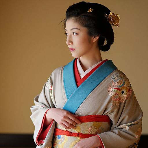 Photograph of a young Asian woman in a traditional blue and beige kimono with red sash, adorned with floral embroidery, and a gold hair ornament