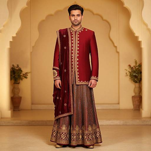Maroon Gold Sherwani Dulhe Dress
