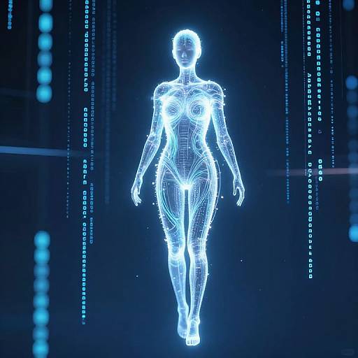 Digital artwork of a glowing, blue neon wireframe female figure walking against a dark background with vertical blue light lines.