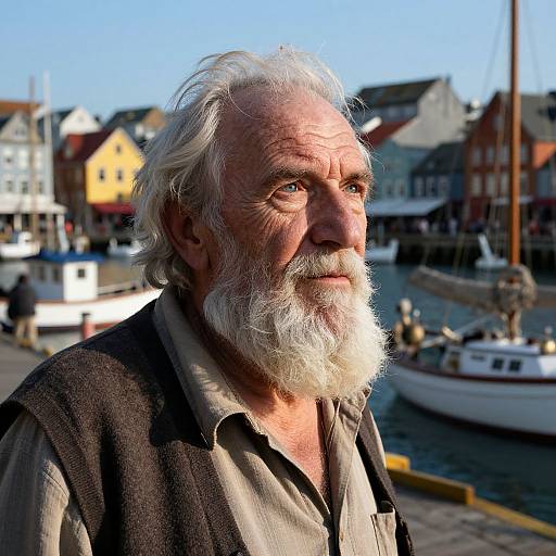 Photograph of an elderly white man with a white beard, wearing a brown vest over a grey shirt, standing by a sunlit harbor with colorful buildings