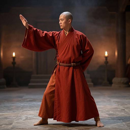 Photograph of a bald, fair-skinned male monk in a red robe, standing in a martial arts pose with one arm raised, in a dim