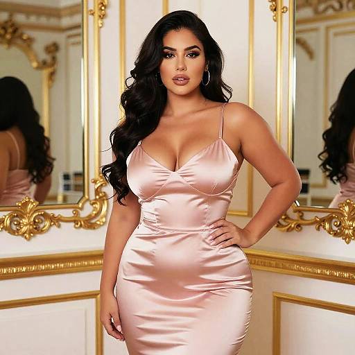 Photograph of a curvy, dark-haired woman in a silky, pink, low-cut dress, standing in an opulent, gold-framed,