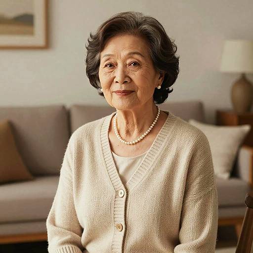 Photograph of an elderly Asian woman with short black hair, wearing a cream cardigan, pearl necklace, and white shirt, smiling softly in a warmly