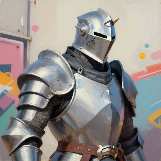 Photograph of a shiny, medieval-style silver knight in armor with a visor, brown belt, and textured shoulder padding, standing against a colorful,