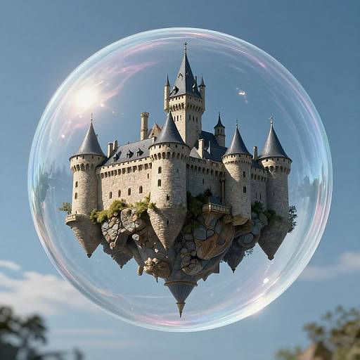 Digital art: Floating medieval castle with multiple turrets encased in a glowing, transparent bubble against a clear blue sky.