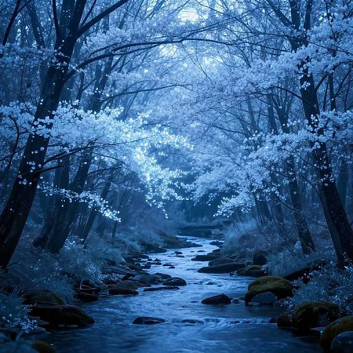 Photograph of a serene, blue-tinted forest stream with bare trees and glowing white blossoms, rocks along the water's edge, and a