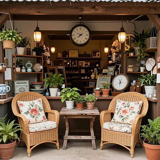 Cozy outdoor patio photo: wicker chairs with floral cushions, wooden table, potted plants, clock, lanterns, shelves with dishes, and
