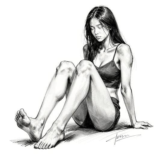 Monochrome sketch of a young woman with long dark hair, sitting with legs crossed, wearing a sports bra and shorts, signature 