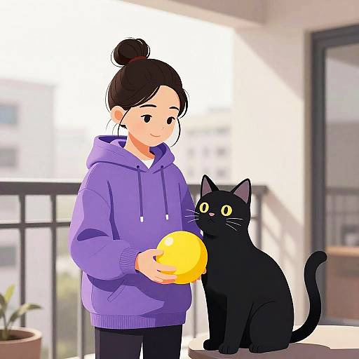 Digital illustration of a smiling woman with black hair in a bun, wearing a purple hoodie, holding a yellow ball, standing beside a black cat with yellow