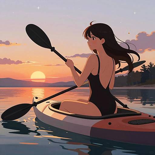 Anime Woman Kayak at Sunset Reflection
