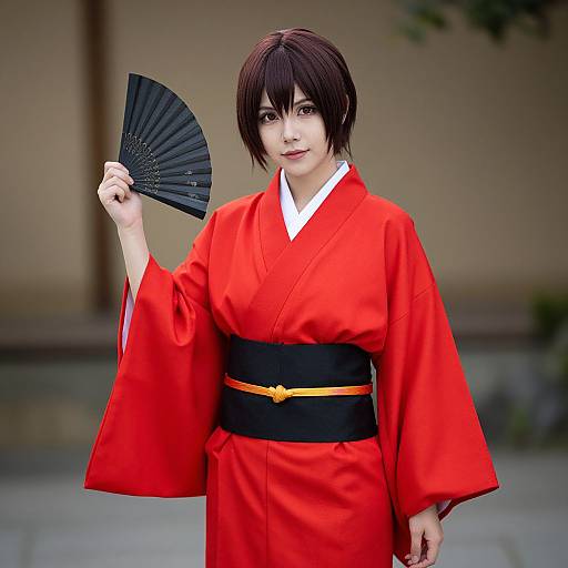 Photograph of an Asian woman in a vibrant red kimono with black obi, holding a black folding fan, short dark brown hair, outdoors,