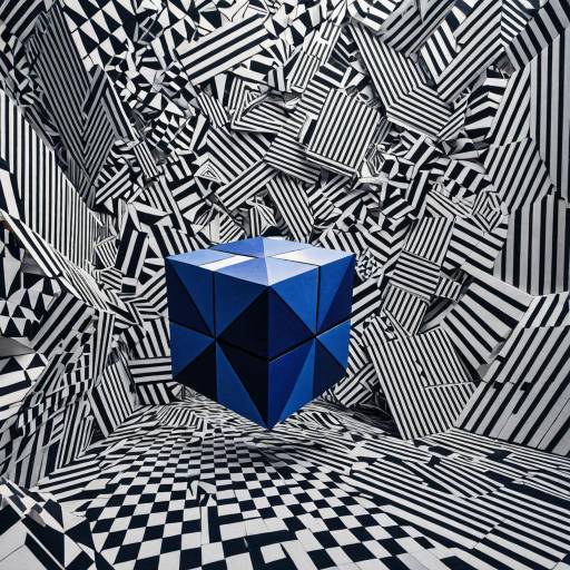 3D Blue Cubist Cube in Abstract Black and White Room