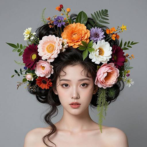 Digital artwork of an Asian woman with fair skin, black wavy hair, wearing a colorful floral crown of roses, daisies, and various flowers
