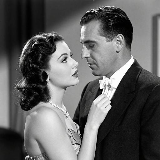 Black-and-white photograph of a 1940s-style couple; woman with curled hair, pearl necklace, and strapless gown gazes up at suited