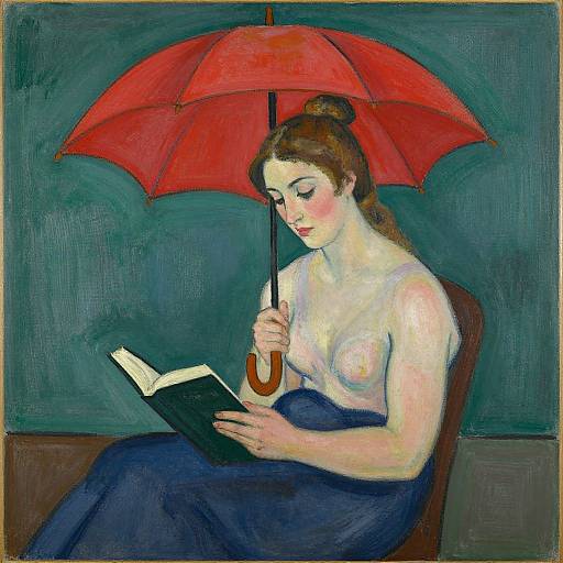 Expressionist painting of a fair-skinned, topless woman with brown hair, reading under a red umbrella, wearing a dark blue skirt, against a