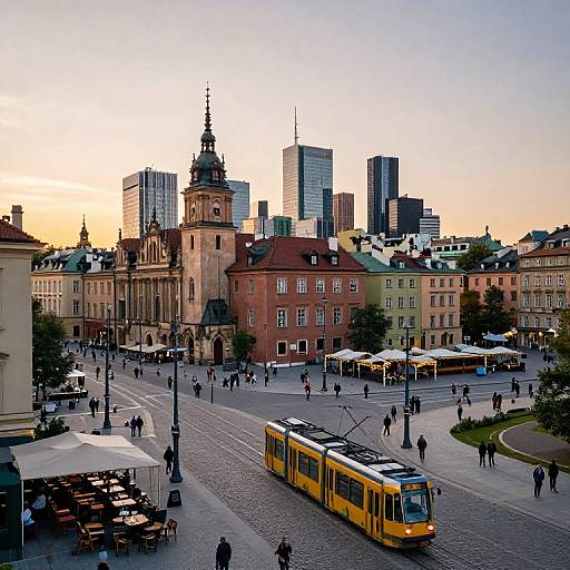 Photograph of a bustling city square at sunset, featuring a yellow tram, historic buildings, people walking, and modern skyscrapers in the background.