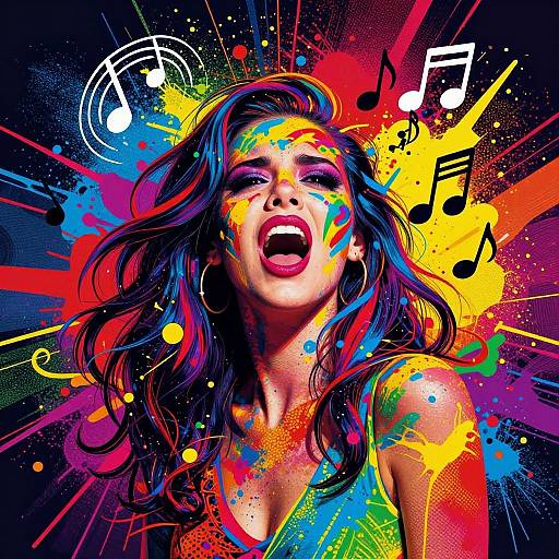 Vibrant digital artwork of a woman with colorful paint splatters, wild hair, open mouth singing, music notes, and dynamic background.