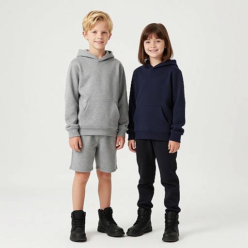 Photograph of two children, a blonde boy in gray hoodie and shorts, and a brown-haired girl in black hoodie and pants, standing side-by-side