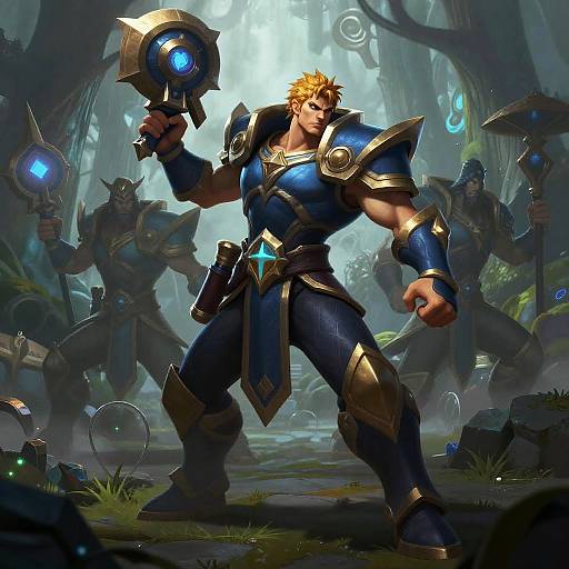 Digital artwork of a muscular, blonde, blue-armored warrior holding a glowing hammer, standing defiantly in a mystical forest, surrounded by shadowy,