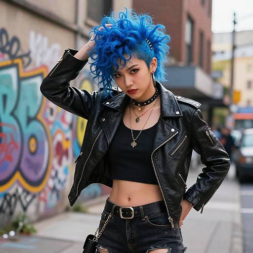 Curly Blue-Haired Punk in Urban Scene