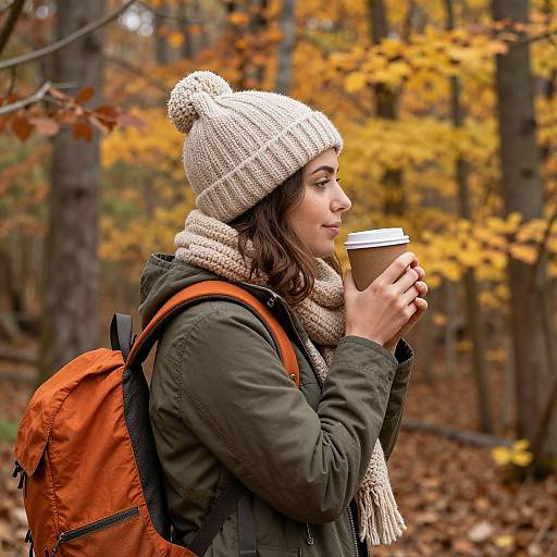 Photograph of a woman in a green jacket, beige knit hat, and scarf, holding a coffee cup, with an orange backpack, in a forest