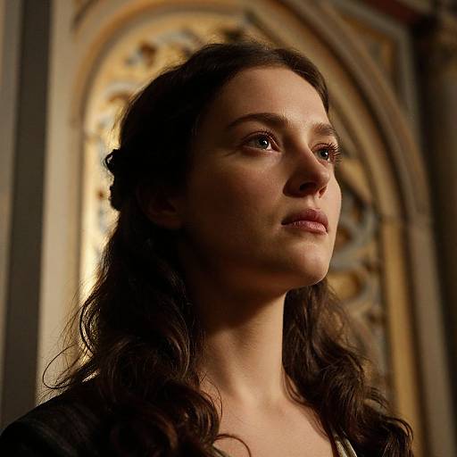 Photograph of a young woman with long, wavy brown hair, fair skin, and brown eyes, gazing thoughtfully into the distance, set