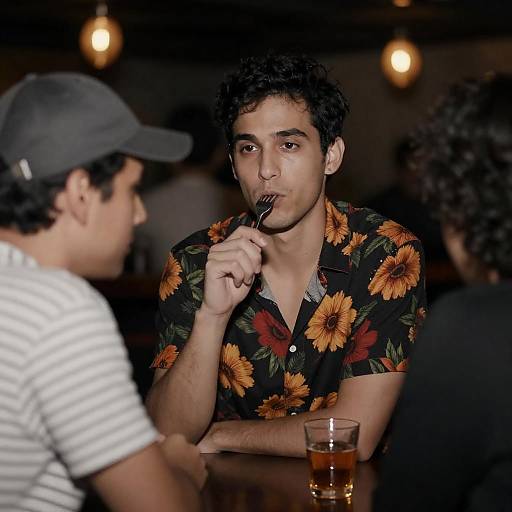 Man in Floral Shirt at Bar