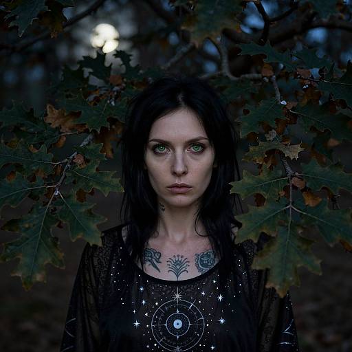 Photograph of a pale, tattooed woman with green eyes, black hair, and a black, star-patterned top, surrounded by dark, autumn