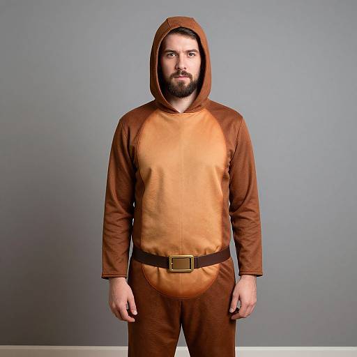 Photograph of a bearded man with fair skin, wearing a brown hooded onesie with long sleeves, black belt, and brown pants, standing