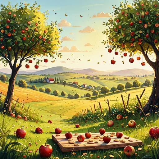 Golden Hour Meadow with Apple Trees and Wooden Buttons Golden Hour Meadow with Apple Trees and Wooden Buttons