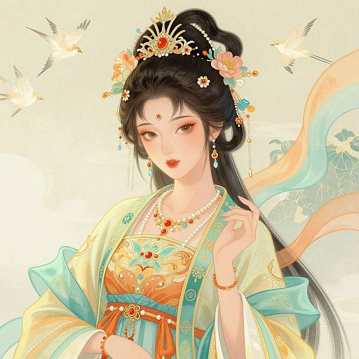 Digital anime-style illustration of a beautiful Asian woman with black hair, wearing a colorful floral crown, ornate kimono, and jewelry, against a bright