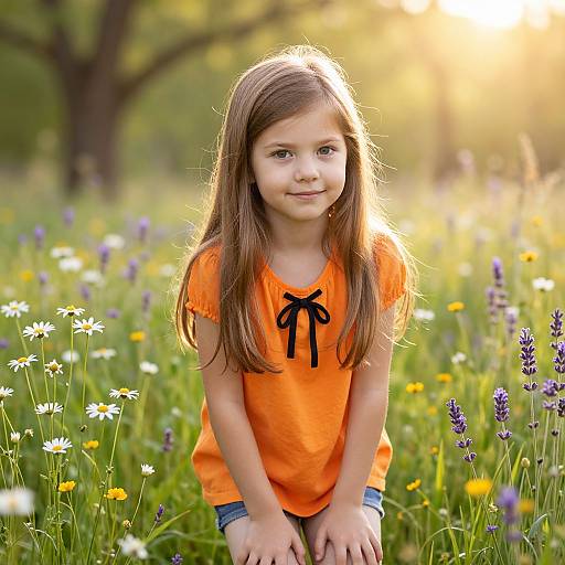 Photograph of a young girl with long brown hair, wearing an orange shirt with black ribbon, kneeling in a sunlit meadow of wildflowers and