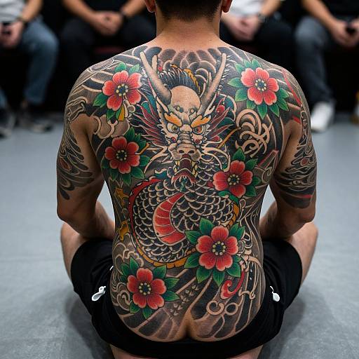 Photograph of a tattooed man, seated with back facing the camera, showcasing a vibrant, detailed traditional-style dragon and cherry blossom tattoo across his shoulders