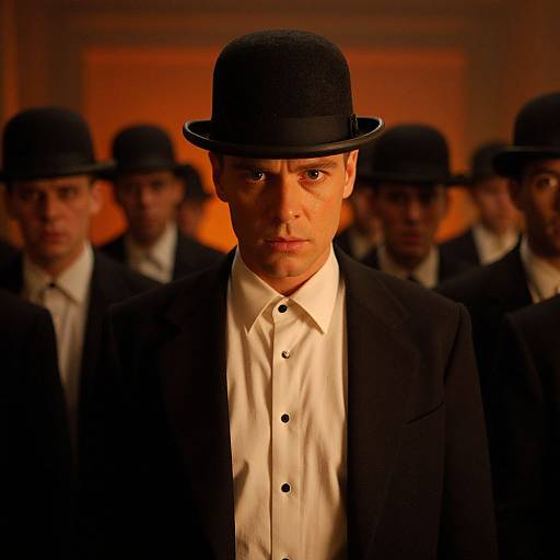 Photograph of a serious man in a black bowler hat and suit, standing in a dimly lit room with blurred, similarly dressed men in the