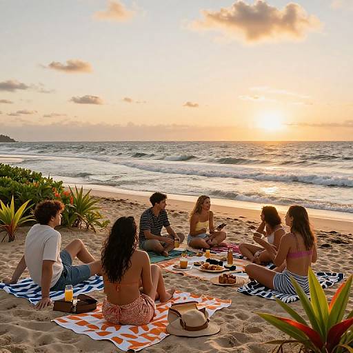 Photograph of five friends, four women and one man, sitting on colorful beach towels at sunset, with ocean waves and greenery in the background.