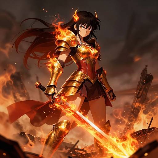 Fiery Anime Warrior on Scorched Battlefield