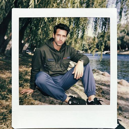 Photograph of a dark-haired man with light skin, wearing a dark green hoodie and blue pants, sitting by a river under willow trees, with