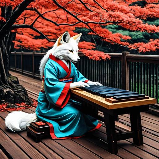 Kitsune Playing Koto in Vibrant Manga Art