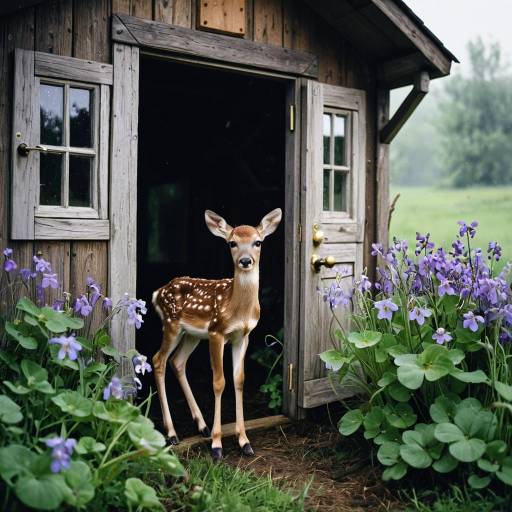 Fawn Emerging from Wooden House Door