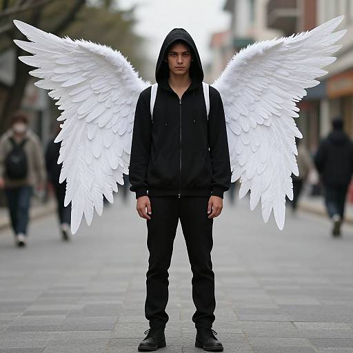 Photograph of a young man with white angel wings, black hoodie, and pants, standing on a blurred city street.