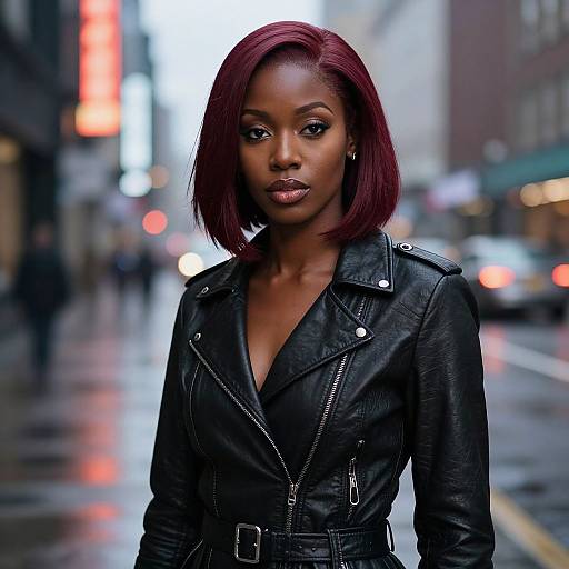Photograph of an elegant Black woman with short burgundy hair, wearing a black leather jacket, standing confidently on a rainy city street with blurred, colorful