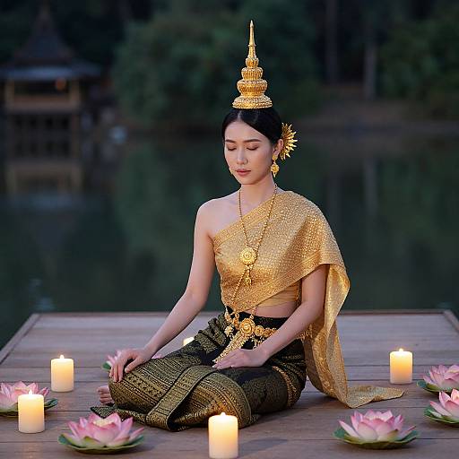 Photograph of an Asian woman in traditional golden Thai attire, seated on a wooden platform by a lake, surrounded by lit candles and pink lotus flowers