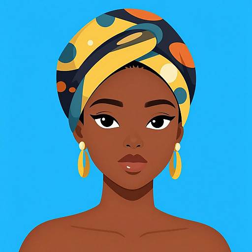 Digital illustration of a dark-skinned woman with a colorful headwrap, large yellow earrings, and neutral expression, set against a bright blue background.
