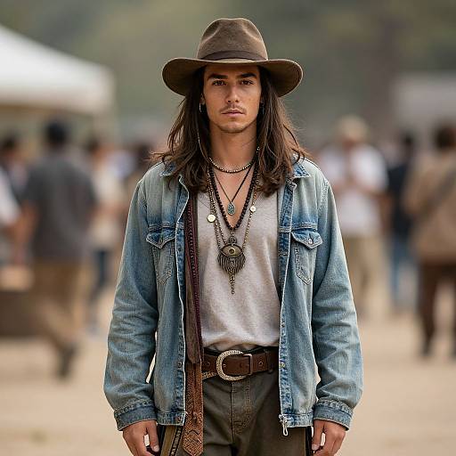 Photograph of a young man with long dark hair, wearing a brown hat, denim jacket, white shirt, and multiple necklaces, standing confidently in