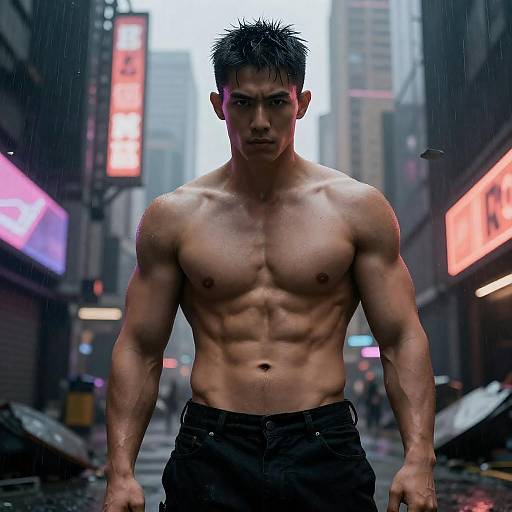 Intense Warrior in Neon Ruins