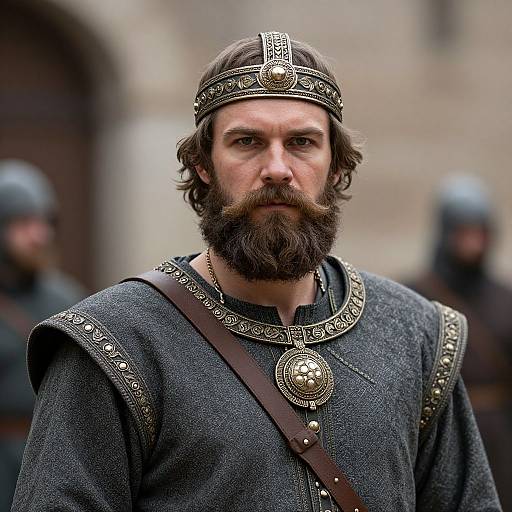 Photograph of a bearded medieval warrior with a silver headband, dark gray embroidered tunic, and brown leather strap, standing outdoors with blurred background