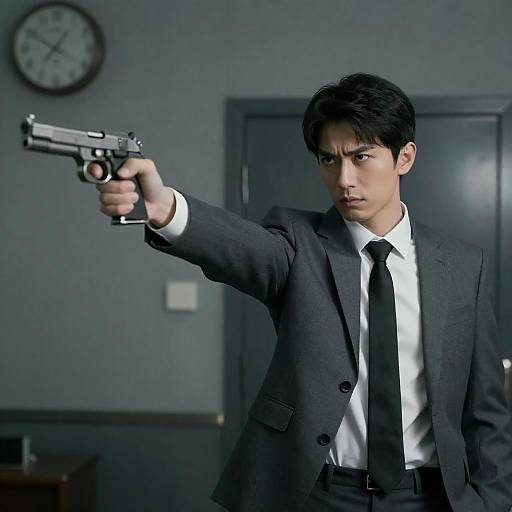 Intense Man with Handgun in Dim Room