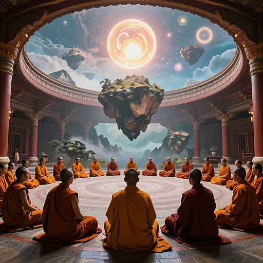 Digital artwork of Buddhist monks in orange robes seated in a circular, ornate temple, with a floating island and celestial spheres above. Bright, ethereal