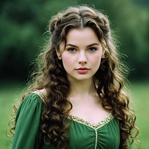 Young Woman in Green Dress with Curly Hair