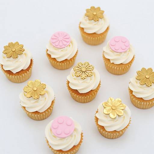 Photograph of six decorative cupcakes with white and pink swirled frosting, gold flower-shaped toppers, and golden paper liners on a white background.
